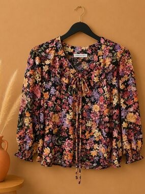 PerSeption Concept Black Floral Tie-Front Blouse